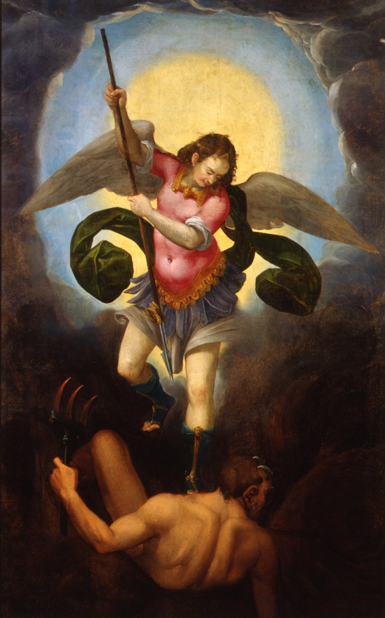Artista della scuola castigliana, San Michele Arcangelo che sconfigge il  diavolo, fine XVII secolo, legno intagliato e dorato in vendita su Pamono
